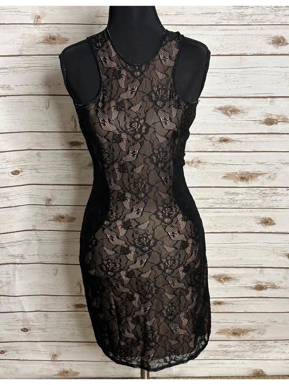 Lovers+Friends black floral lace bodycon dress Small nude illusion whimsigoth